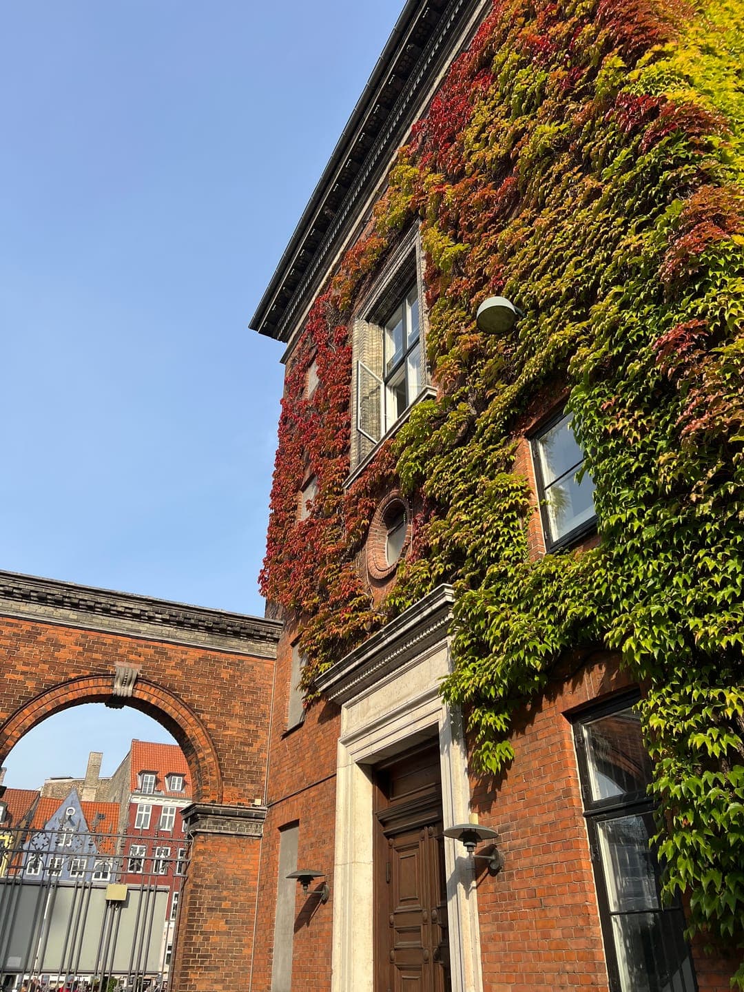 A brick building covered in red and green ivy in Copenhagen